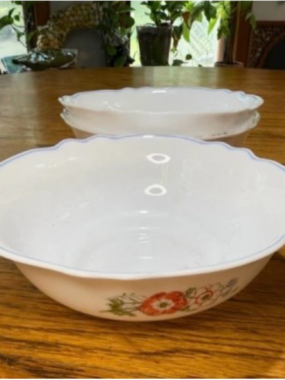 White Floral Ceramic Serving Bowl with Blue Rim